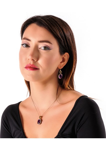 Kösem Sultan Mor Kadın 3'lü Takı Seti Küpe Kolye Yüzük Takım Bakır El Yapımı Zirkon Taşlı Kararma Yapmaz Kutulu