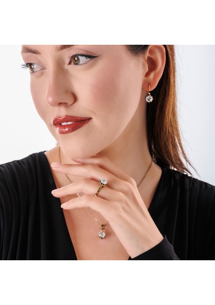 Klasik Güverseli Tektaş Kadın 3'lü Takı Seti Küpe Kolye Yüzük Takım Bakır El Yapımı Kristal Taşlı Kararma Yapmaz Kutulu