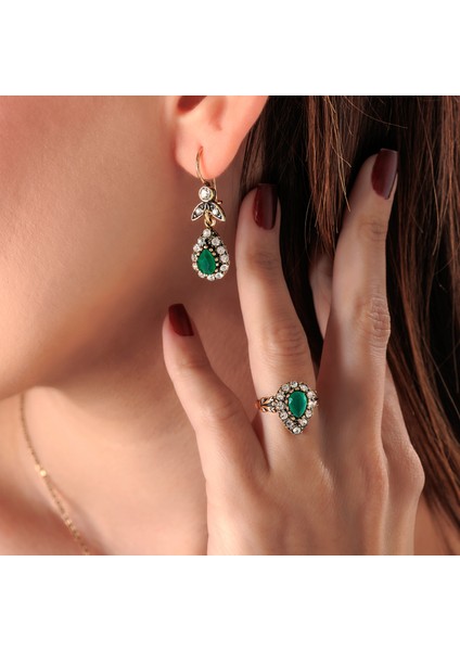 Mini Su Damlası Yeşil Kadın 3'lü Takı Seti Küpe Kolye Yüzük Takım Bakır El Yapımı Kristal Taşlı Kararma Yapmaz Kutulu fiyatları