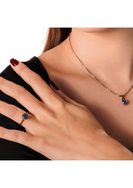 Harmoni Tektaş Lacivert Kadın 3'lü Takı Seti Küpe Kolye Yüzük Takım Bakır El Yapımı Kristal Taşlı Kararma Yapmaz Kutulu fırsatları