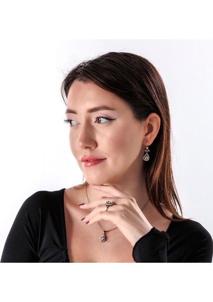 Mini Su Damlası Kadın 3'lü Takı Seti Küpe Kolye Yüzük Takım Bakır El Yapımı Kristal Taşlı Kararma Yapmaz Kutulu