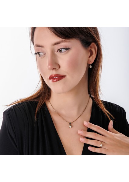 Minimal Çiçek Kadın 3'lü Takı Seti Küpe Kolye Yüzük Takım Bakır El Yapımı Kristal Taşlı Kararma Yapmaz Kutulu