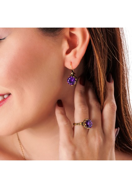 Mistik Işıltı Mor Kadın 3'lü Takı Seti Küpe Kolye Yüzük Takım Bakır El Yapımı Zirkon Taşlı Kararma Yapmaz Kutulu fiyatları