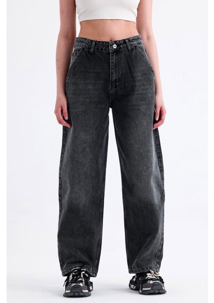 Kadın Antrasit Skater Baggy Jeans Bol Paça Pantolon