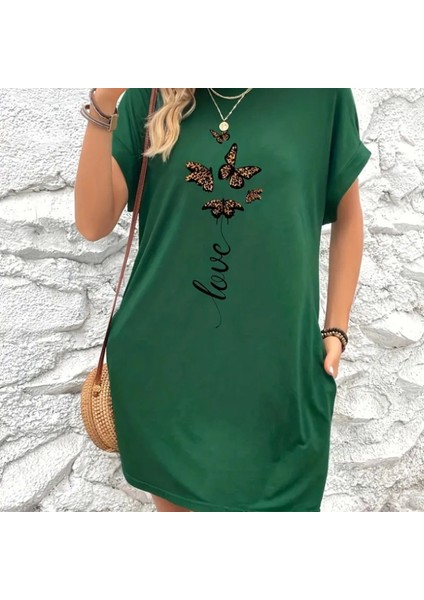 Kadın Kısa Kollu Bisiklet Yaka Cepli Kelebek Baskılı Viskon Elbise