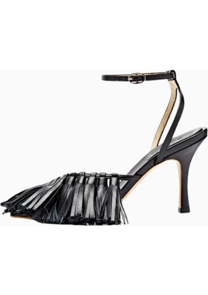 Delta Yüksek Püsküllü Siyah Sandalet, 80MM Stiletto Topuklu, Italya Üretimi