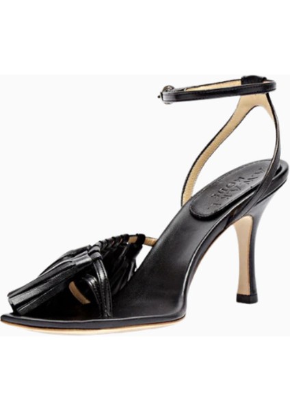 Delta Yüksek Püsküllü Siyah Sandalet, 80MM Stiletto Topuklu, Italya Üretimi indirimleri
