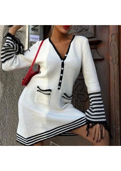 Triko Kolları Püsküllü Düğmeli Elbise 2849 fiyatları