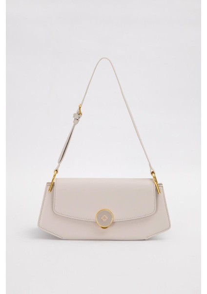 Gri Oval Gold Aksesuarlı Omuz Çantası