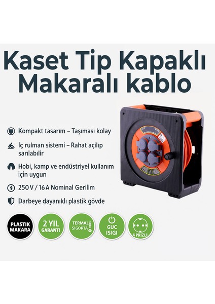 Makaralı Uzatma Kablosu 3x1.5 mm 20 mt Cca Kapaklı 4 Prizli Monofaze Termal Sigortalı Plastik Seyyar