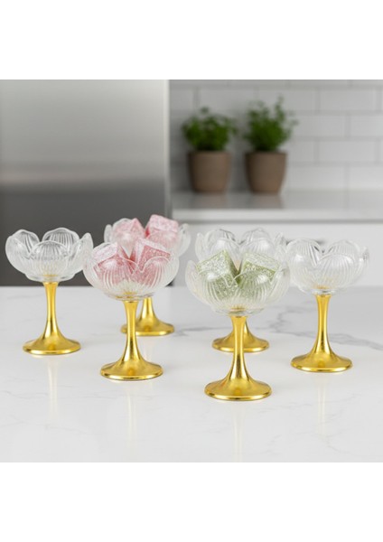Gold Uzun Metal Ayaklı Lotus Çiçeği Kahve Yanı Cam Lokumluk Drajelik Seti – 6 Adet
