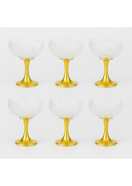 Gold Uzun Metal Ayaklı Lotus Çiçeği Kahve Yanı Cam Lokumluk Drajelik Seti – 6 Adet modelleri