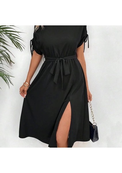 Kadın Tek Omuzu Açık Kol Ucu Fiyonklu Belden Kuşaklı Yırtmaç Detaylı Viskon Elbise