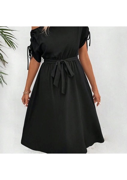 Kadın Tek Omuzu Açık Kol Ucu Fiyonklu Belden Kuşaklı Yırtmaç Detaylı Viskon Elbise indirimleri