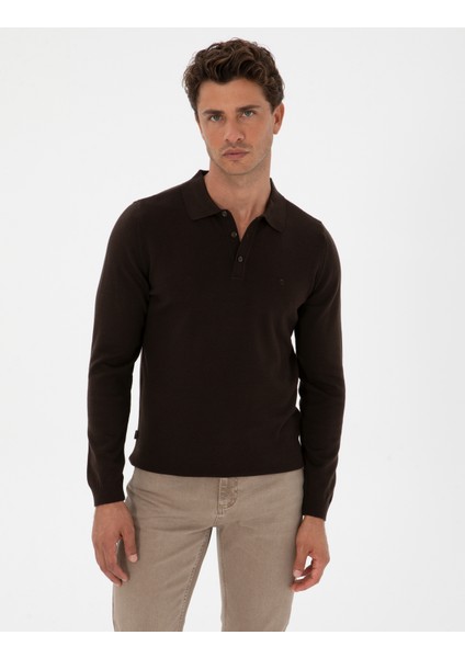 Erkek Koyu Kahverengi Slim Fit Polo Yaka Basic Triko Kazak 50315405-VR084
