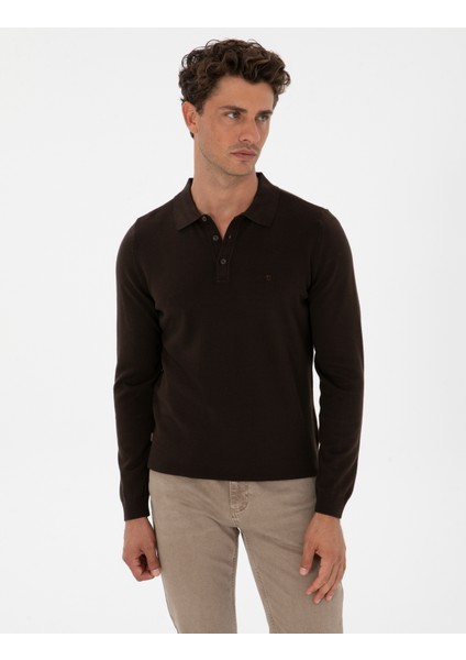 Erkek Koyu Kahverengi Slim Fit Polo Yaka Basic Triko Kazak 50315405-VR084 modelleri