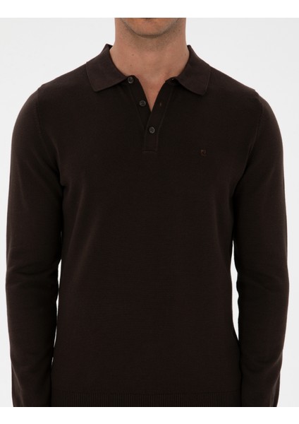 Erkek Koyu Kahverengi Slim Fit Polo Yaka Basic Triko Kazak 50315405-VR084
