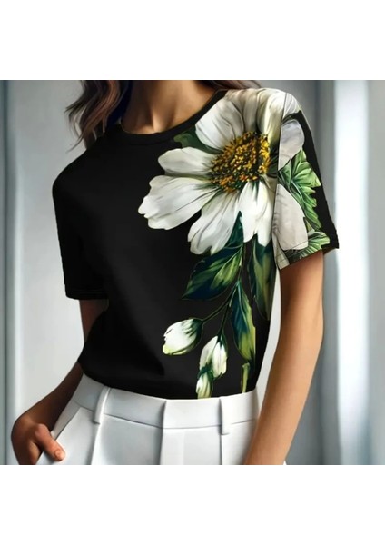 Kadın Kısa Kollu Bisiklet Yaka Çiçek Baskılı Süprem Bluz