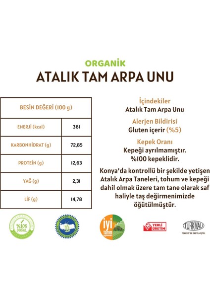 Organik Atalık Tam Arpa Unu - 20 Kilo fiyatları