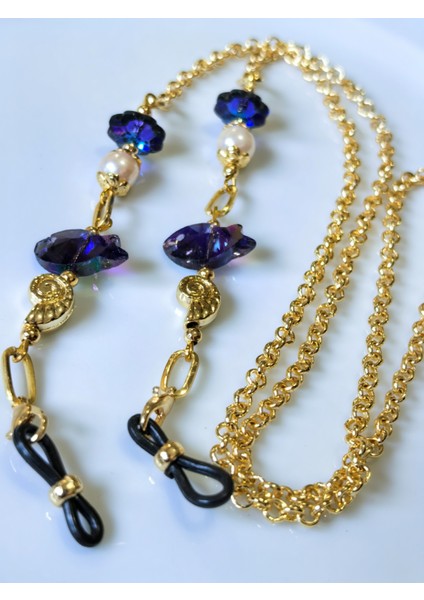 Gözlük Zinciri Altın Kaplama Zincirli Ametist Rengi Balık Gerçek Kristal Taşlı Inci Boncuklu Gözlük Askısı