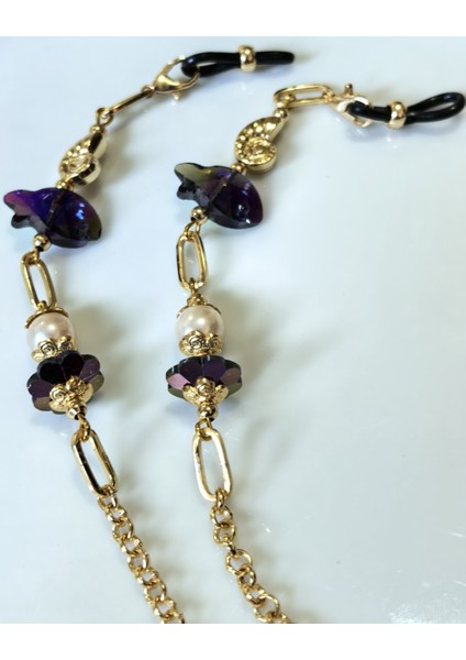 Gözlük Zinciri Altın Kaplama Zincirli Ametist Rengi Balık Gerçek Kristal Taşlı Inci Boncuklu Gözlük Askısı fiyatları