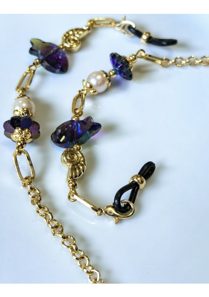 Gözlük Zinciri Altın Kaplama Zincirli Ametist Rengi Balık Gerçek Kristal Taşlı Inci Boncuklu Gözlük Askısı modelleri