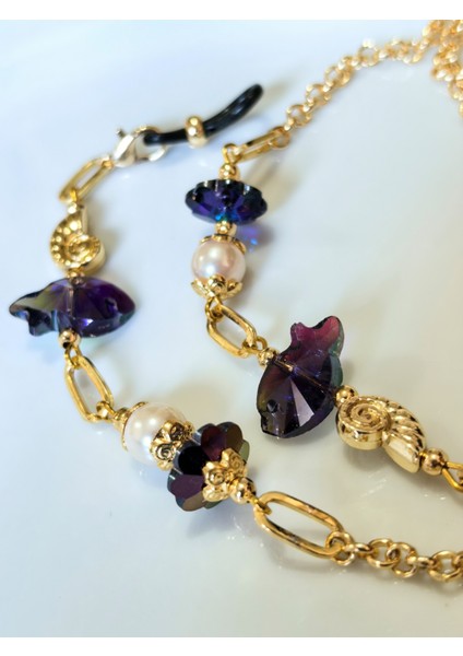 Gözlük Zinciri Altın Kaplama Zincirli Ametist Rengi Balık Gerçek Kristal Taşlı Inci Boncuklu Gözlük Askısı fırsatları