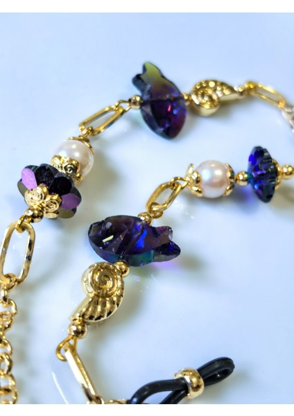 Gözlük Zinciri Altın Kaplama Zincirli Ametist Rengi Balık Gerçek Kristal Taşlı Inci Boncuklu Gözlük Askısı indirimleri