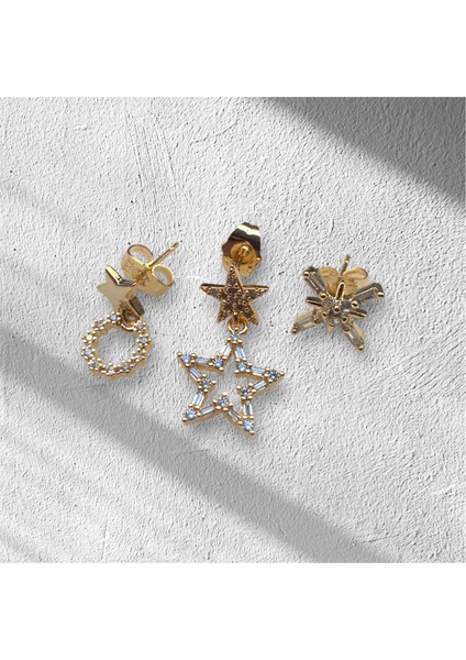 Çelik Yıldız Detaylı 3 Lü Küpe