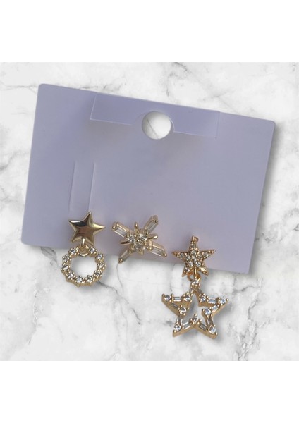 Çelik Yıldız Detaylı 3 Lü Küpe modelleri