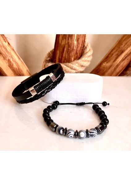 %100 Deri&hematit Kombinli 3lü Erkek Bileklik Set 22 cm (Türk El Üretimi) fiyatları