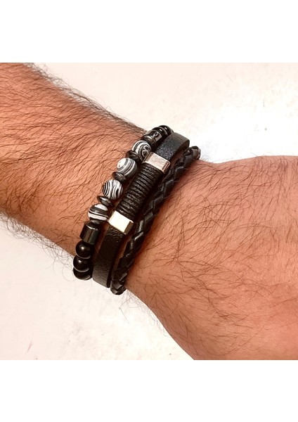 %100 Deri&hematit Kombinli 3lü Erkek Bileklik Set 22 cm (Türk El Üretimi) modelleri