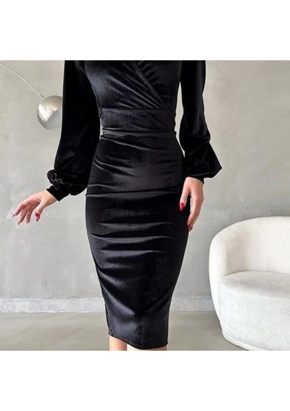 Kadın Kadife Kumaş Kruvaze Yaka Balon Kol ve Yırtmaç Detaylı Idi Boy Elbise fırsatları