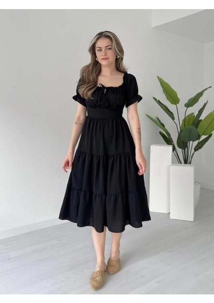 Madonna Yaka Önü Büzgülü Volanlı Kat Kat Ayrobin Elbise