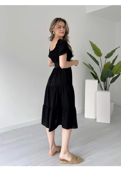 Madonna Yaka Önü Büzgülü Volanlı Kat Kat Ayrobin Elbise fiyatları