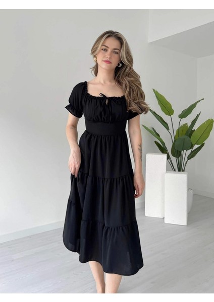 Madonna Yaka Önü Büzgülü Volanlı Kat Kat Ayrobin Elbise modelleri