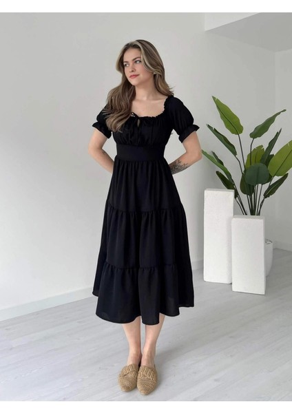 Madonna Yaka Önü Büzgülü Volanlı Kat Kat Ayrobin Elbise fırsatları