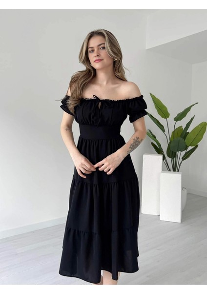 Madonna Yaka Önü Büzgülü Volanlı Kat Kat Ayrobin Elbise indirimleri