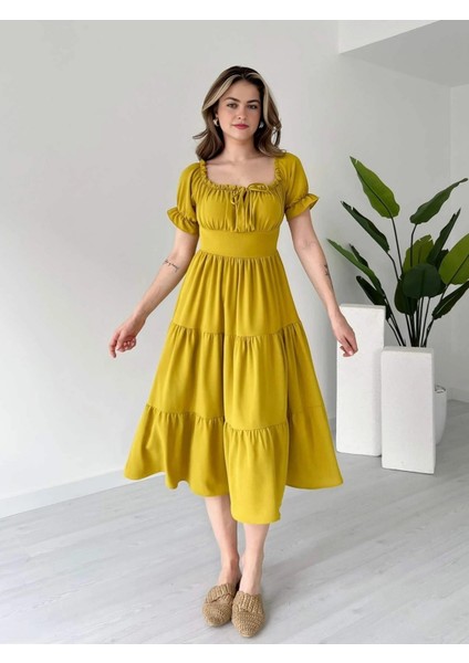 Madonna Yaka Önü Büzgülü Volanlı Kat Kat Ayrobin Elbise