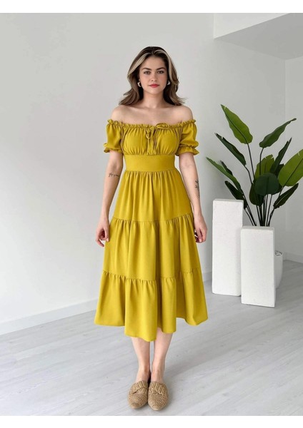 Madonna Yaka Önü Büzgülü Volanlı Kat Kat Ayrobin Elbise modelleri