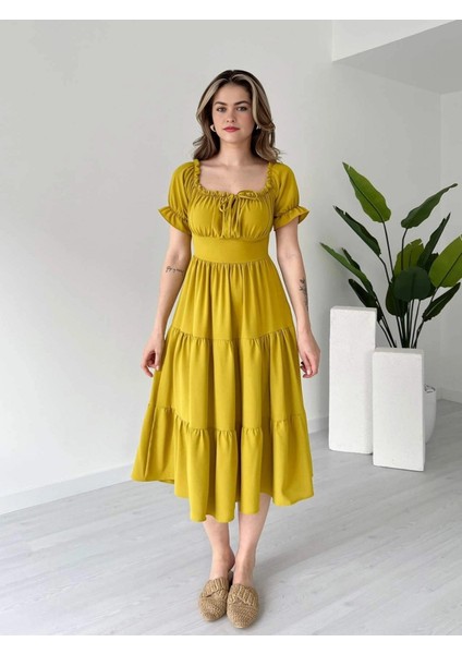 Madonna Yaka Önü Büzgülü Volanlı Kat Kat Ayrobin Elbise fırsatları