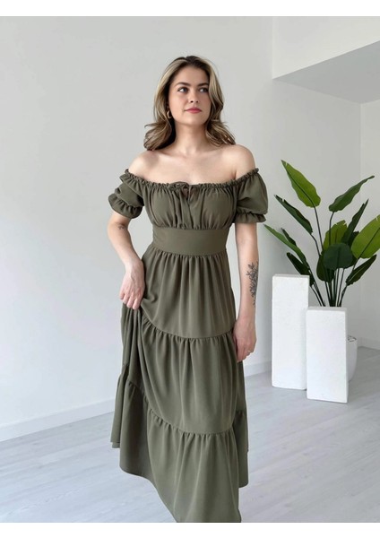 Madonna Yaka Önü Büzgülü Volanlı Kat Kat Ayrobin Elbise fiyatları