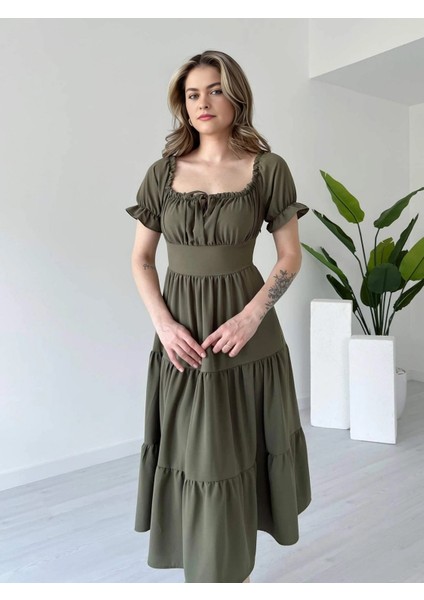 Madonna Yaka Önü Büzgülü Volanlı Kat Kat Ayrobin Elbise fırsatları