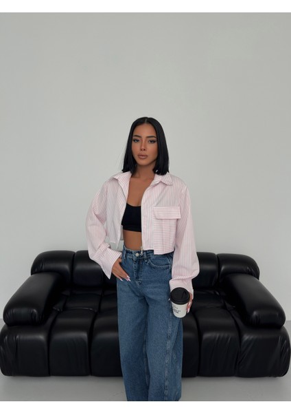 Kadın Gömlek Crop Uzun Kollu Fermuarlı Göbek Üstü, ve Büyük Cepler