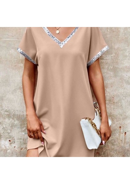 Kadın Yaka ve Kol Pul Payet Şeritli Ithal Krep Elbise