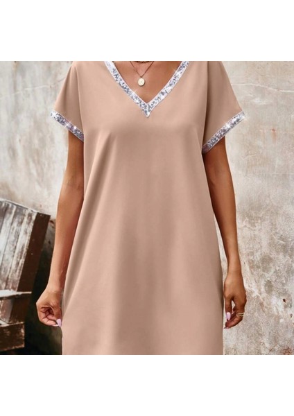 Kadın Yaka ve Kol Pul Payet Şeritli Ithal Krep Elbise modelleri