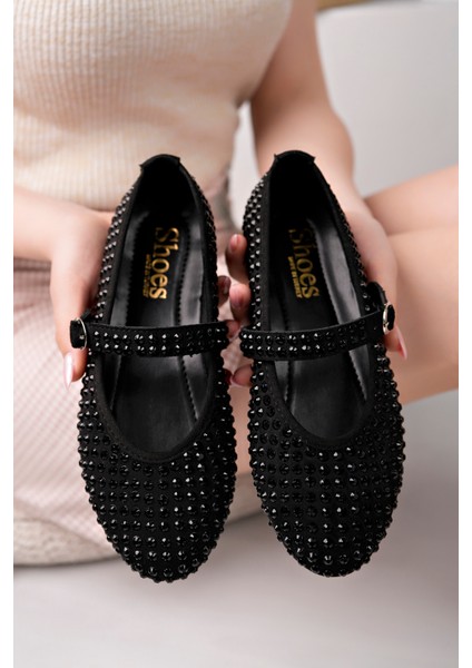 Kadın Baretli Siyaha Siyah Taşlı Günlük Babet Ayakkabı