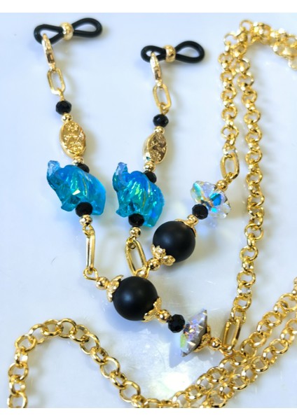 Gözlük Zinciri Altın Kaplama Zincirli Turkuaz Rengi Fil ,gerçek Kristal Taşlı, Oniks Doğal Taşlı Gözlük Zinciri