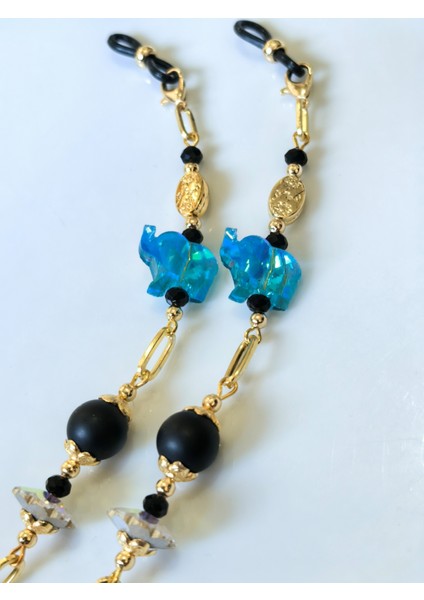 Gözlük Zinciri Altın Kaplama Zincirli Turkuaz Rengi Fil ,gerçek Kristal Taşlı, Oniks Doğal Taşlı Gözlük Zinciri modelleri