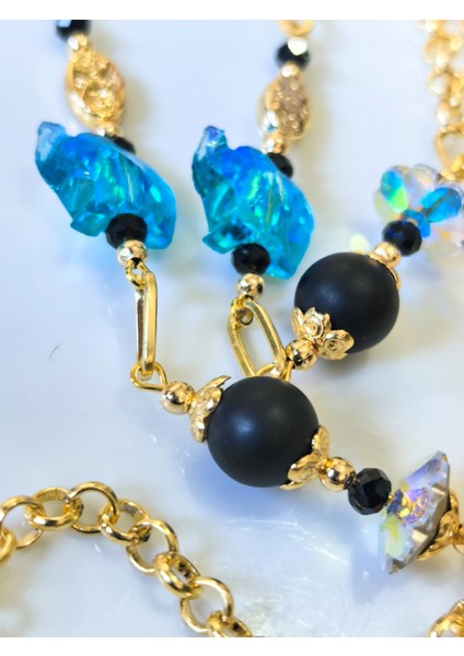 Gözlük Zinciri Altın Kaplama Zincirli Turkuaz Rengi Fil ,gerçek Kristal Taşlı, Oniks Doğal Taşlı Gözlük Zinciri indirimleri